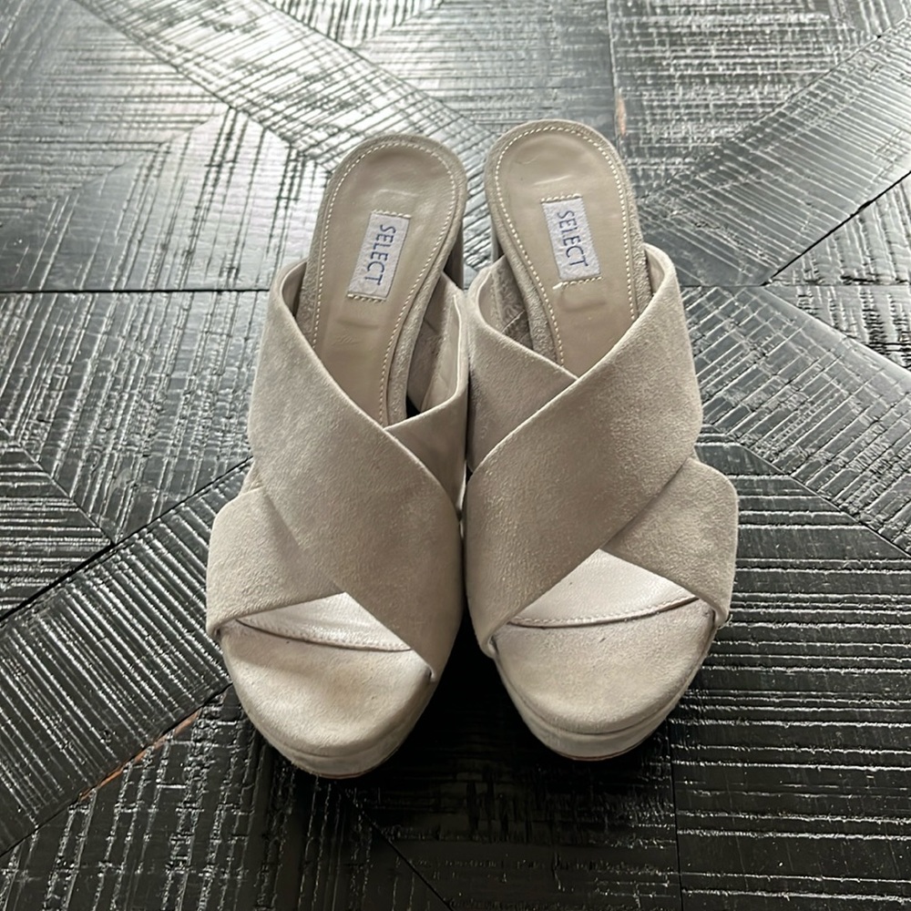 Dove grey suede platform sandals.